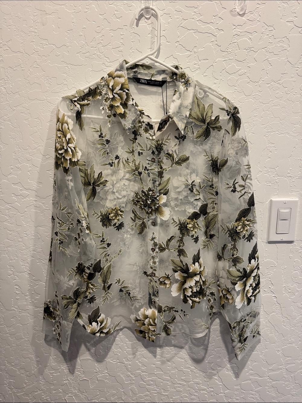Zara Sheer Floral Button-Down Shirt in Green and White